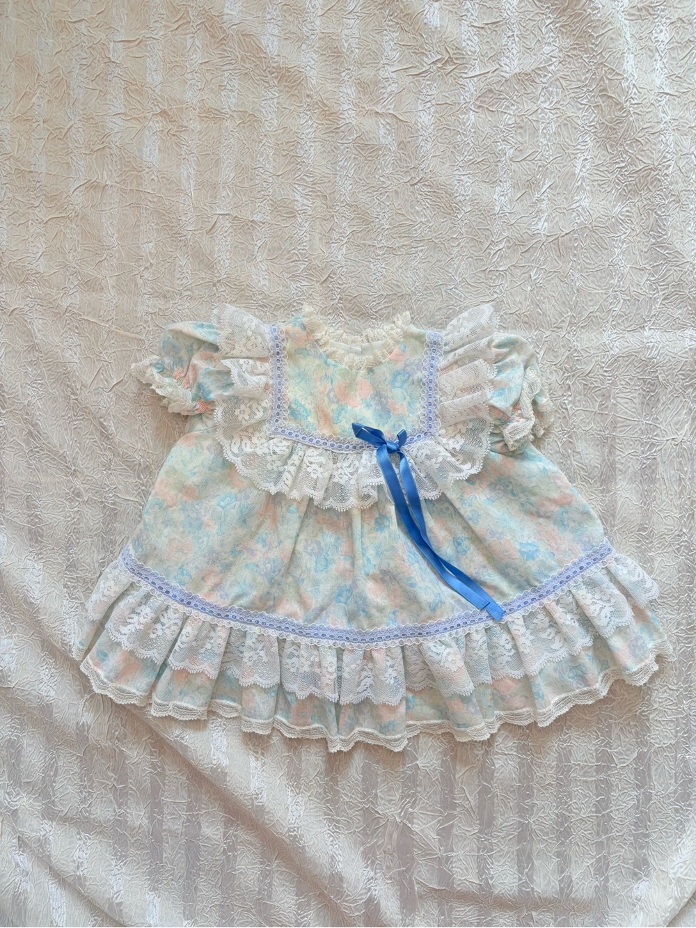 Vintage 80’s 90’s Bryan Pastel Floral Baby Doll Dress with Blue Ribbon Trim